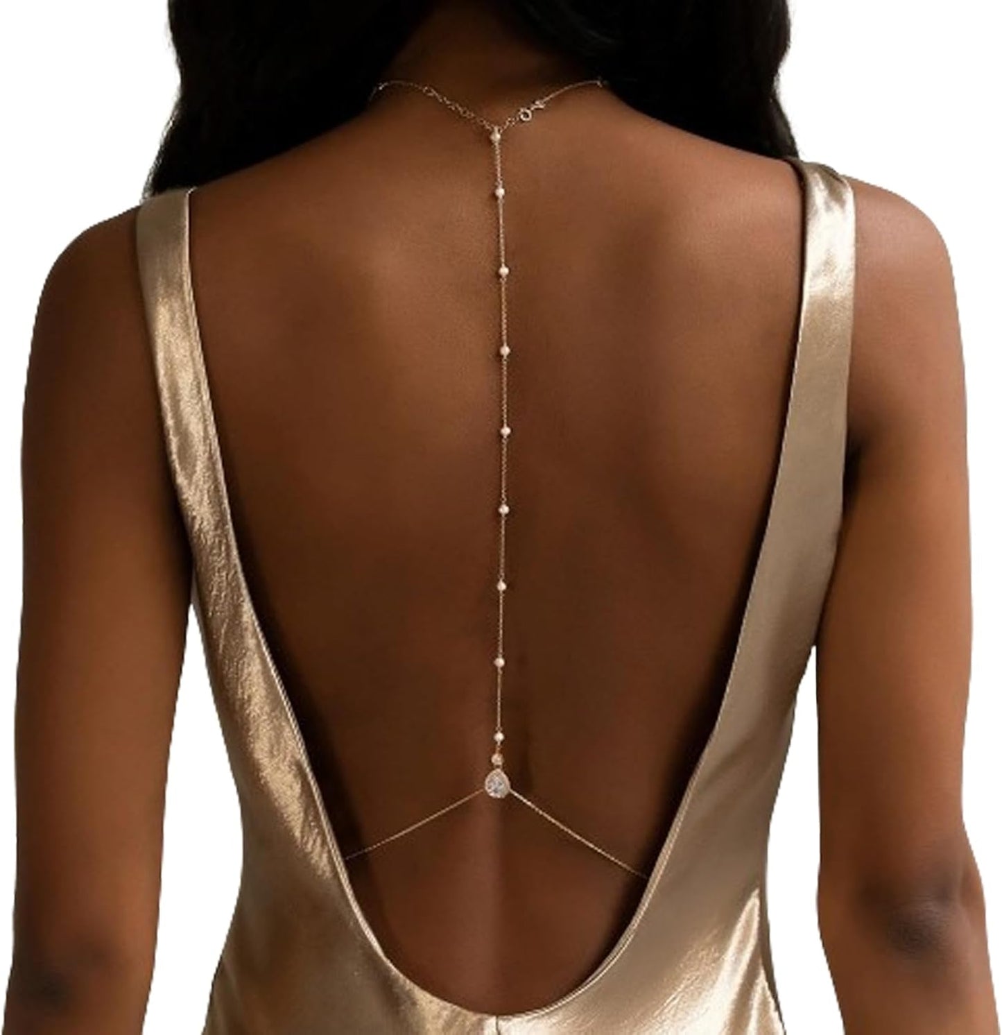 Rhinestone Back Necklace for Backless Dress - Bridal Wedding Pearl Backdrop Jewelry Crystal Long Body Chain Simple Waist Chain for Women