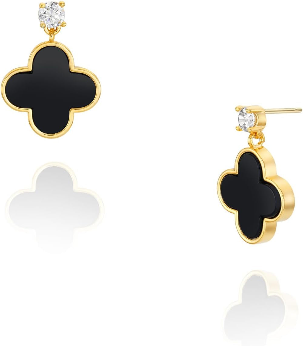 Unique Earrings for Women Trendy, 14K Gold Plated Four Leaf Clover Heart Butterfly Stud Dangle Earrings, Black Onyx White Huggie Earrings Birthday Christmas Valentine'S Day Jewelry Gifts