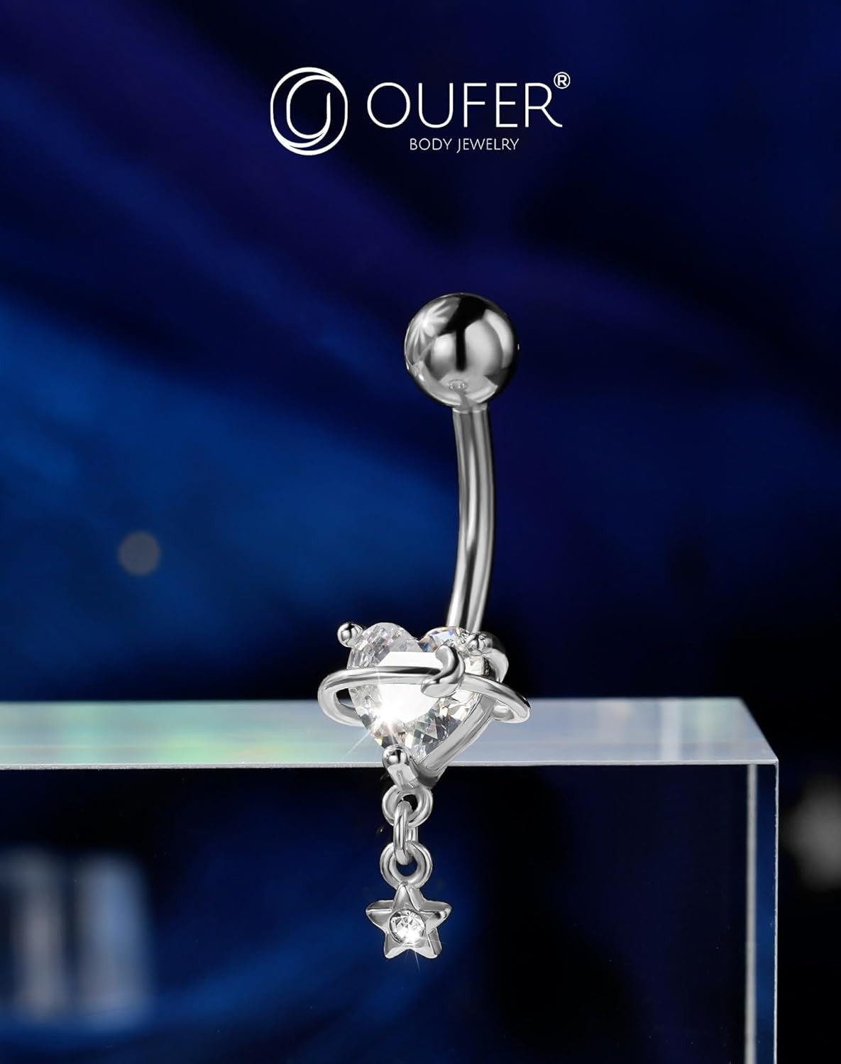 OUFER Dangle Belly Button Rings, 316L Surgical Steel Belly Rings for Women, 14G Heart Navel Piercing Jewelry, Star Dangling Clear CZ Curved Barbells Silver/Gold 10MM