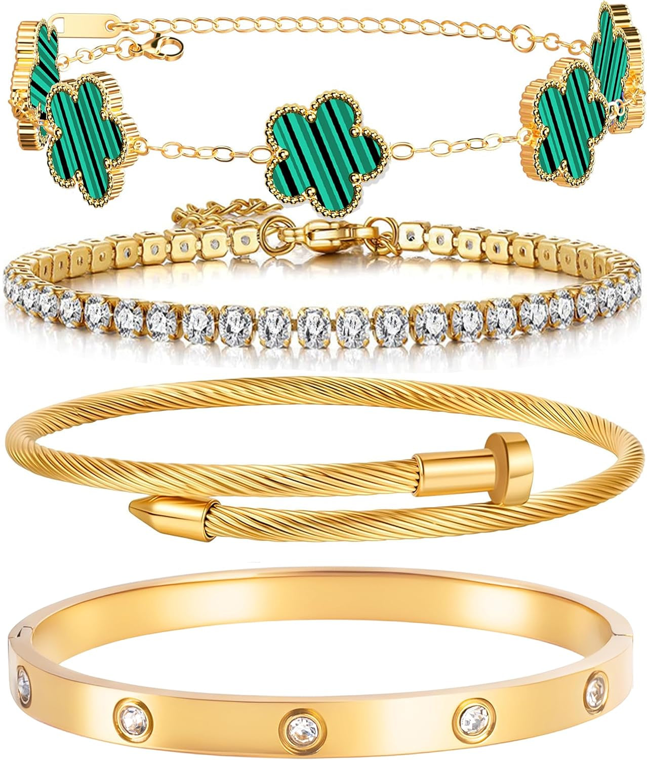 18K gold plated floral clover stackable bangle bracelet set