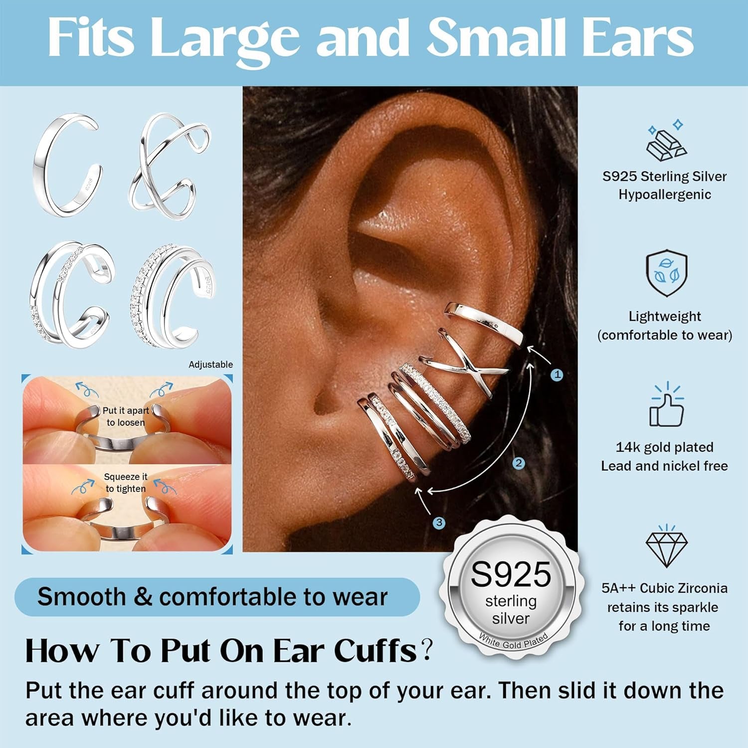 Jerywe 4 Pcs 925 Sterling Silver Ear Cuff for Women Non Piercing Adjustable Ear Cuff Earrings Clip on Cartilage Helix Wrap Ear Jewelry Set