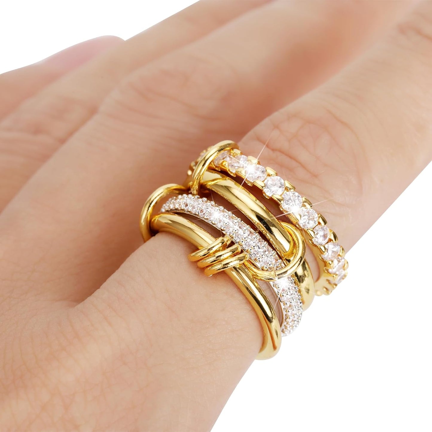 Gold Stackable Rings for Women Non Tarnish, 18K Gold Plated CZ Cubic Zirconia Rings, Golden Rings Set, Multi-Link Connected Rings