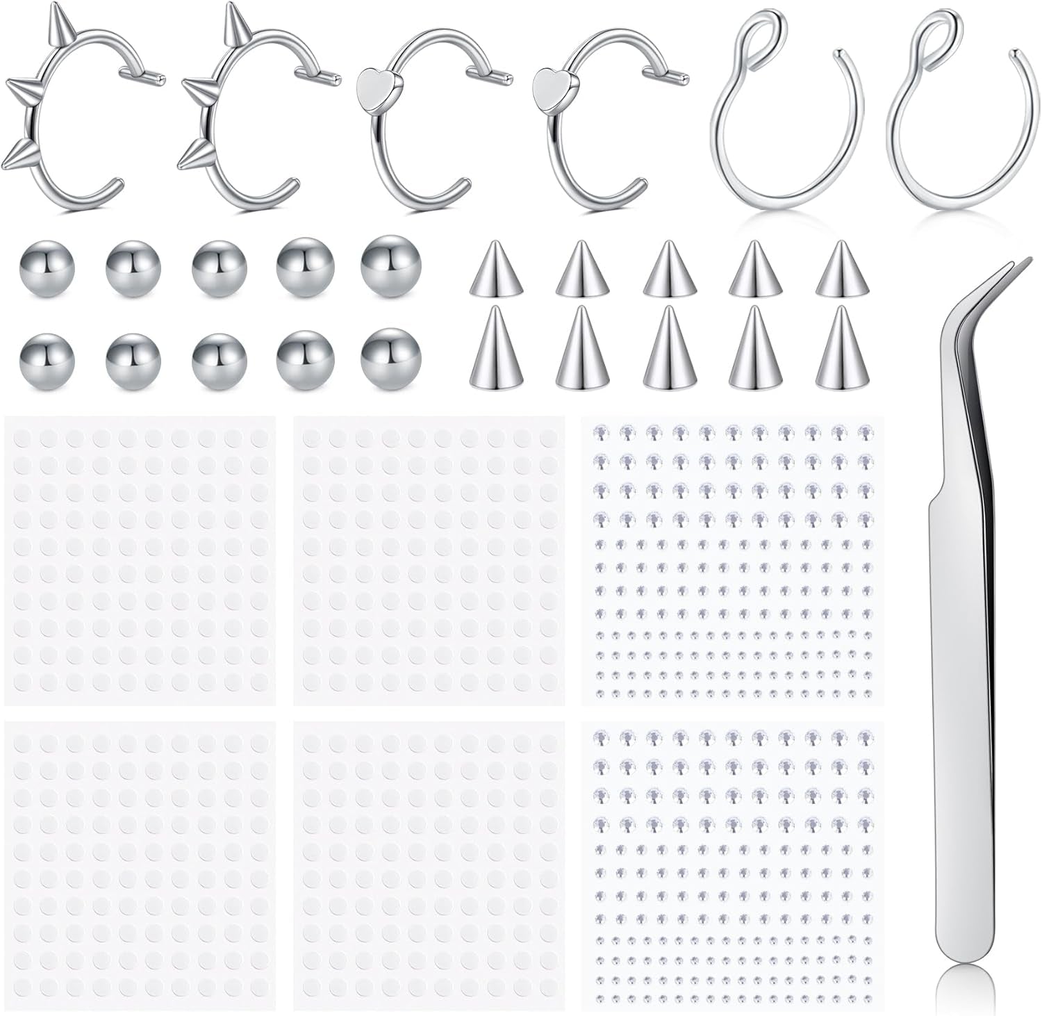 Longita Fake Lip Ring and Nose Piercing Set - Ball Spike, Hoop, Stud, Stick-On Bridge and Eyebrow Ring - Silver, Gold, Black