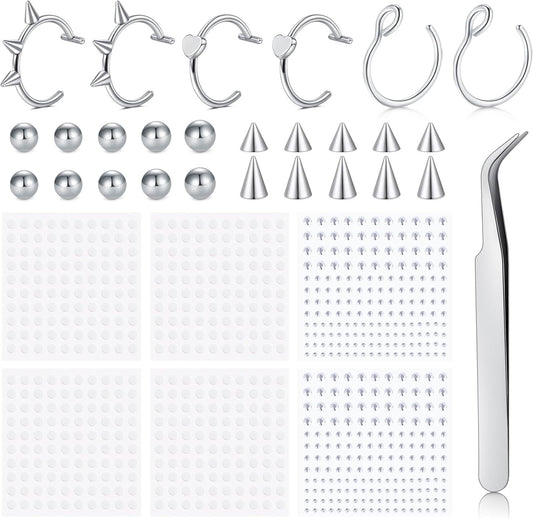 Longita Fake Lip Ring and Nose Piercing Set - Ball Spike, Hoop, Stud, Stick-On Bridge and Eyebrow Ring - Silver, Gold, Black