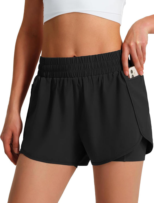 Women's running shorts with built-in phone pockets front view