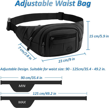 Woman wearing crossbody waist bag while traveling, adjustable strap visible