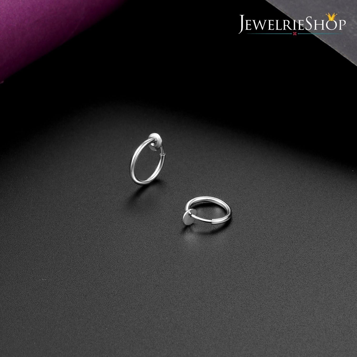 Jewelrieshop Retractable Earrings Fake Hoop Fake Nose Ring Non Pierced Earrings Fake Cartilage Piercing Clip on Nose Ring Septum Ring for Women (1 Pair, Black/Silver/Gold/White)