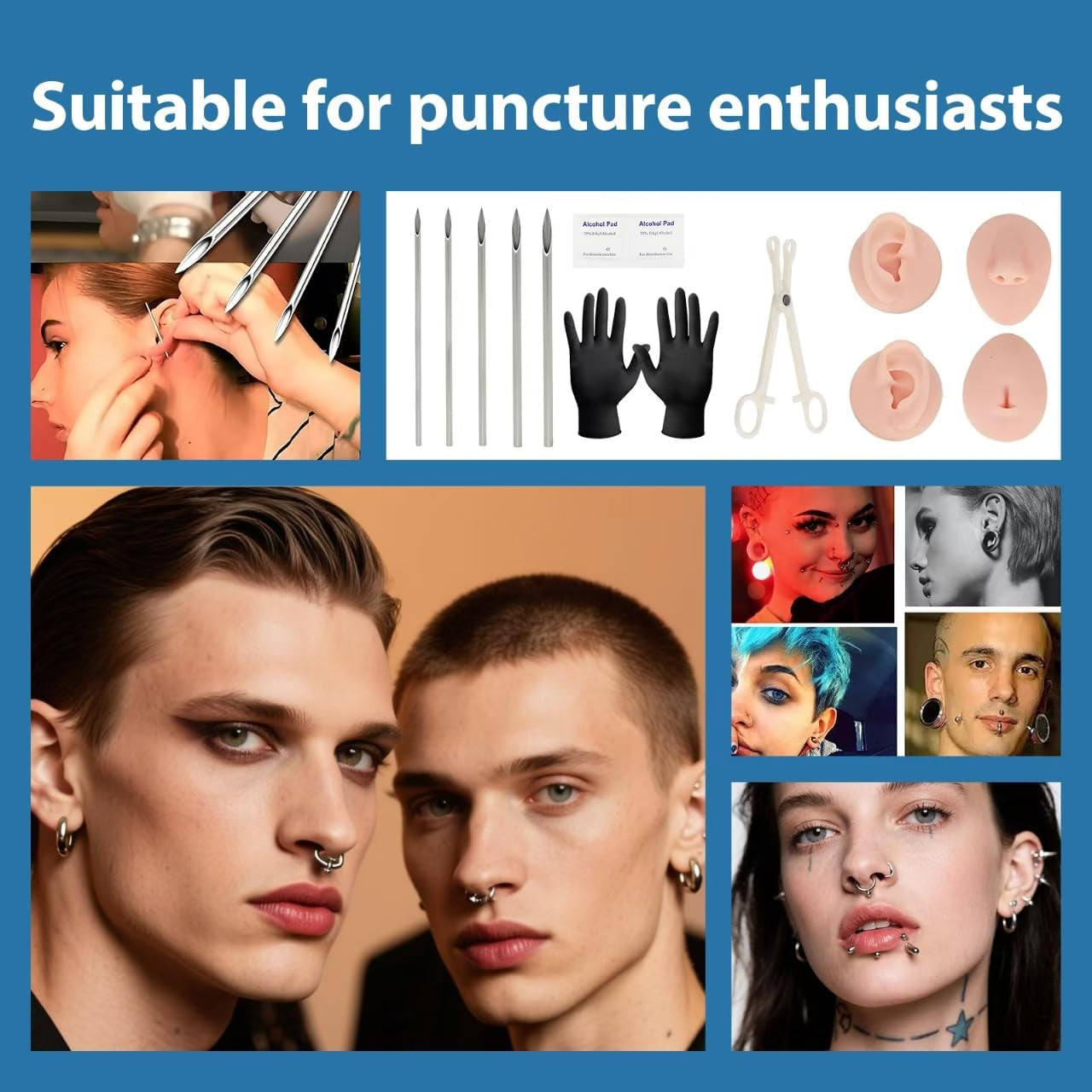 Piercing Kit Silicone Model Body Part Displays, 39 Body Piercing Kit,25Mixed 12G 14G 16G 18G 20G Ear Nose Piercing Needles 2 Piercing Clamps 6 Clean Tools 2 Gloves Soft Fake Nose Navel Ear 5D Model