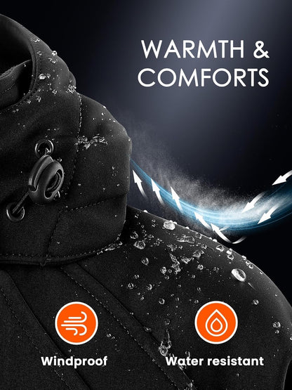 Water-resistant heated jacket material and stitching quality details