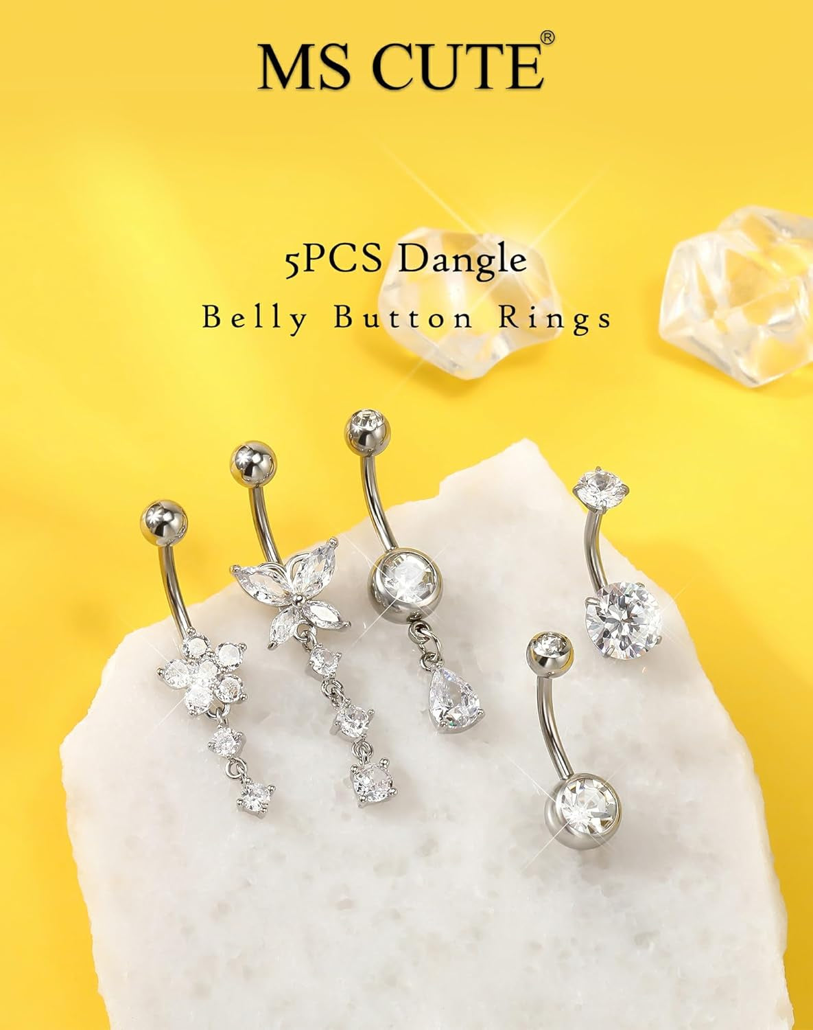5PCS Belly Button Rings for Women 14G Dangle Navel Piercing Jewelry Set Surgical Stainless Steel Body Jewelry with CZ Butterfly Flower Teardrop Barbell for Beach Festival Daily