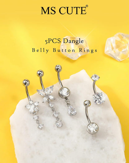 5PCS Belly Button Rings for Women 14G Dangle Navel Piercing Jewelry Set Surgical Stainless Steel Body Jewelry with CZ Butterfly Flower Teardrop Barbell for Beach Festival Daily