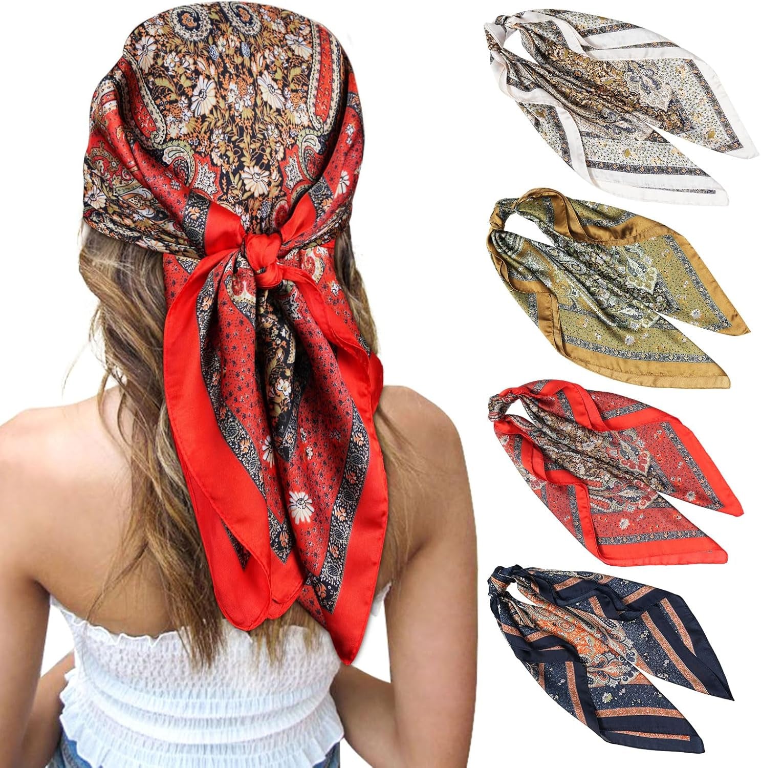 CHLINS 27 Inches Silk Feeling Square Head Scarf - 4 Pcs Satin Square Head Scarves for Women Hair Bandanas