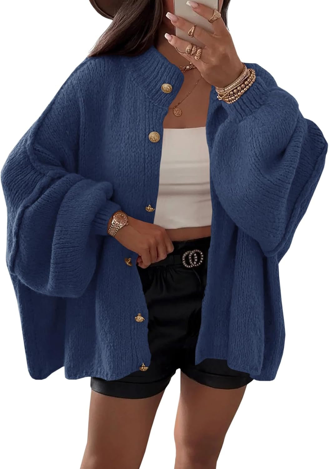 Saodimallsu Womens Oversized Cardigans Long Lantern Sleeve Button down Chunky Knit Loose Fall Sweater Coats