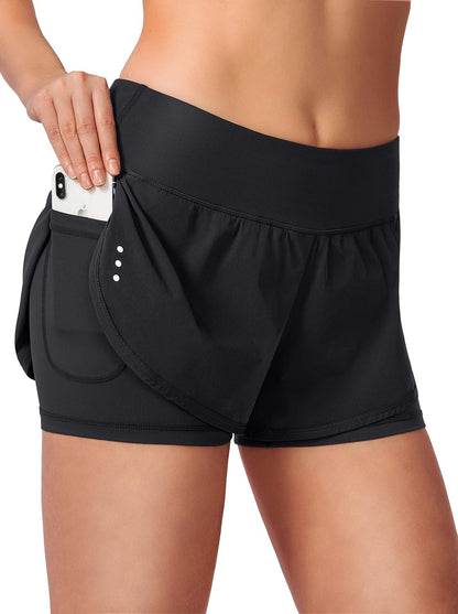 Soothfeel Women'S Running Shorts with Zipper Pocket 2 in 1 High Wasited Workout Athletic Gym Yoga Spandex Shorts for Women