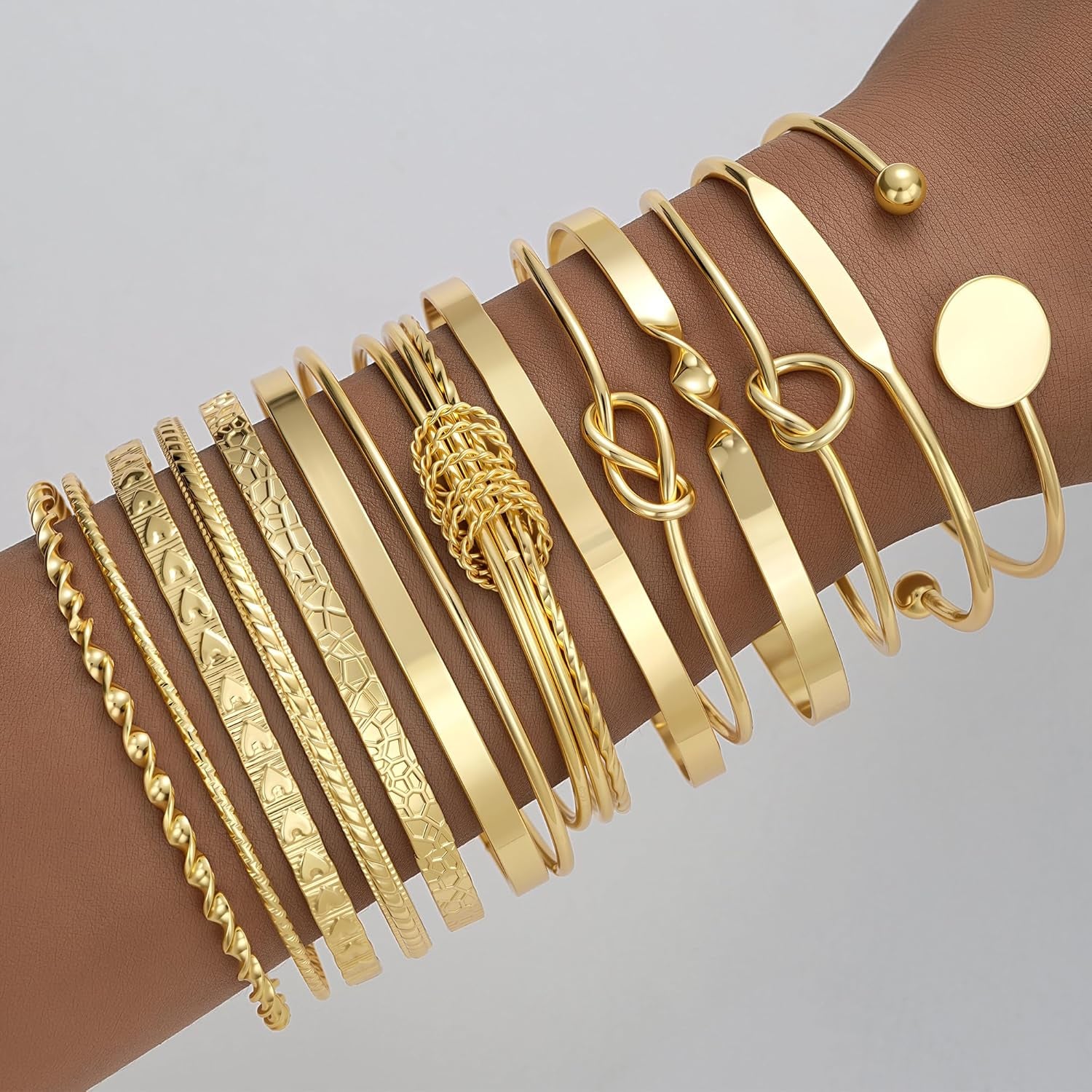 FAXHION Gold Bangle Bracelets for Women, 14 Pcs Multi Layer Stackable Bangle Set, 14K Gold Plated Textured Chunky Bracelets Boho Jewelrys Set