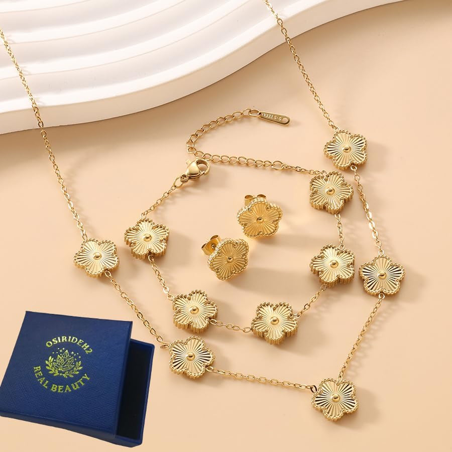 Lucky Clover Necklace Jewelry Sets,18K Gold Plated Flower Design Five Leaf Bracelet,Clover Necklace Pendant,Clover Earrings for Women Lucky, 4 Leaf Clover Necklace