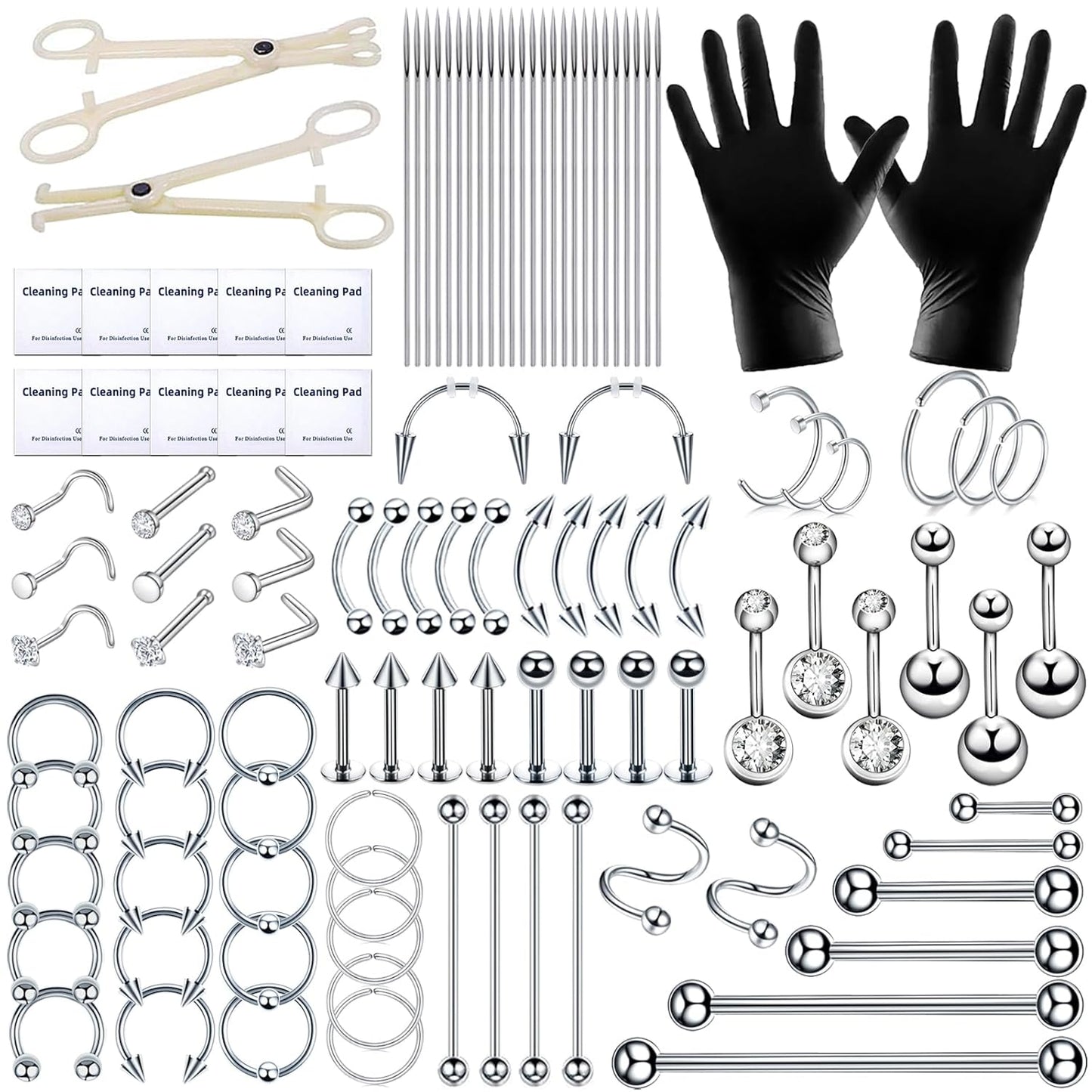 80PCS Nose Piercing Kit: Stainless Steel Body Piercing Jewelry with 12G, 14G, 16G, 20G Needles for Ear, Nose, Lip, Eyebrow