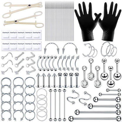 80PCS Nose Piercing Kit: Stainless Steel Body Piercing Jewelry with 12G, 14G, 16G, 20G Needles for Ear, Nose, Lip, Eyebrow