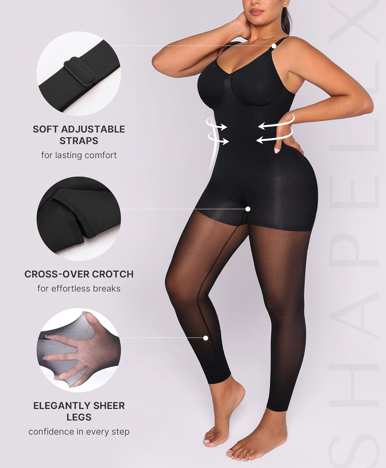 Woman wearing sheer footless shapewear pantyhose showing smooth lines