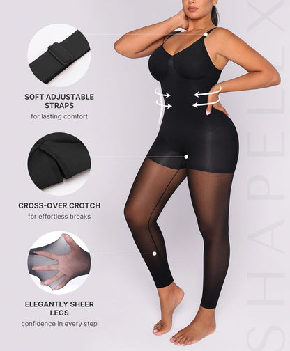 Woman wearing sheer footless shapewear pantyhose showing smooth lines