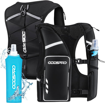 Woman wearing reflective running hydration vest during marathon