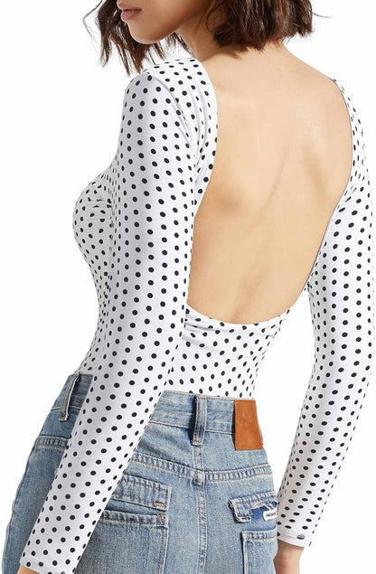 SUUKSESS Women Backless Y2K Long Sleeve Bodysuit Double Lined Open Back Sexy Basic Top
