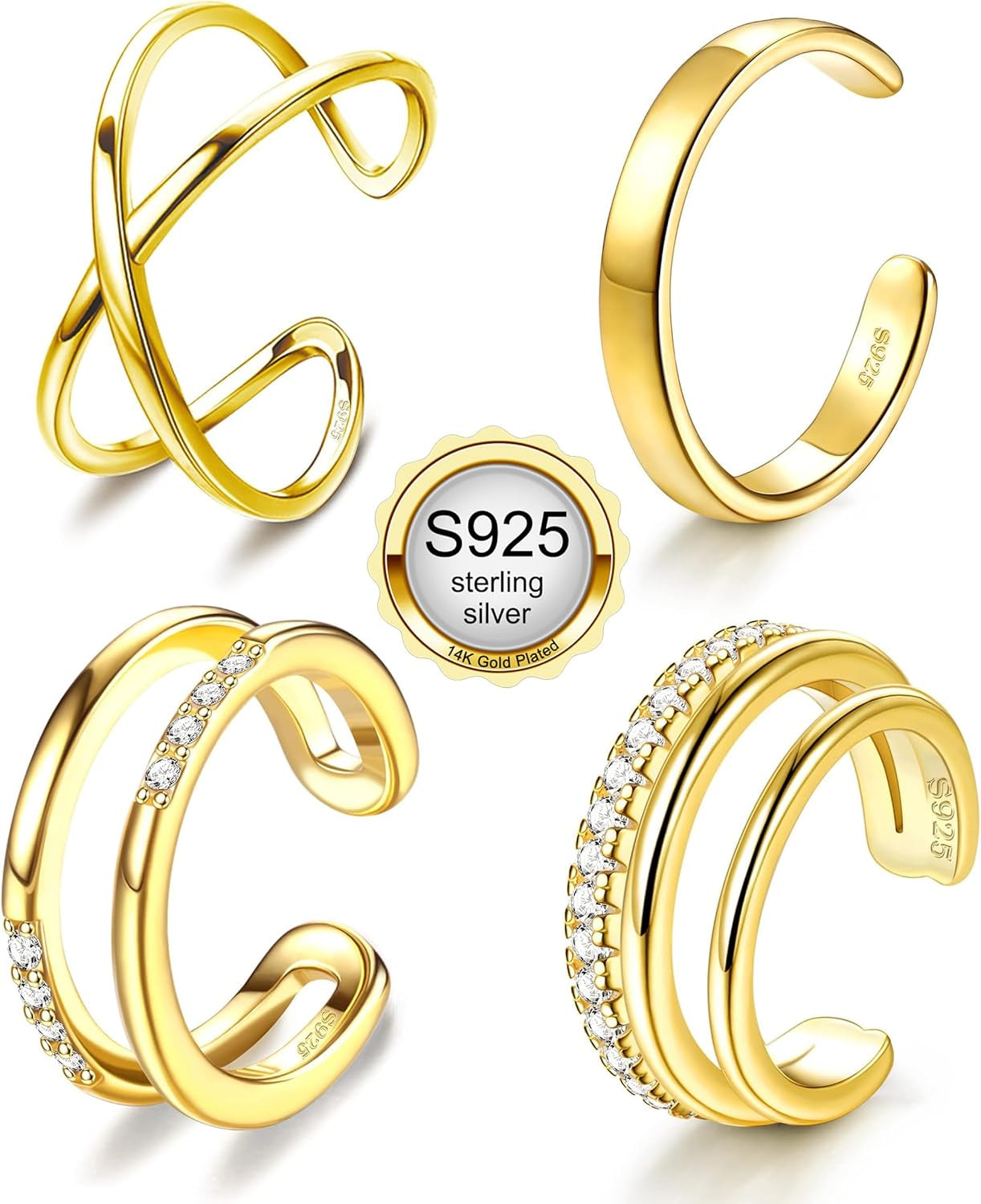 Jerywe 4 Pcs 925 Sterling Silver Ear Cuff for Women Non Piercing Adjustable Ear Cuff Earrings Clip on Cartilage Helix Wrap Ear Jewelry Set