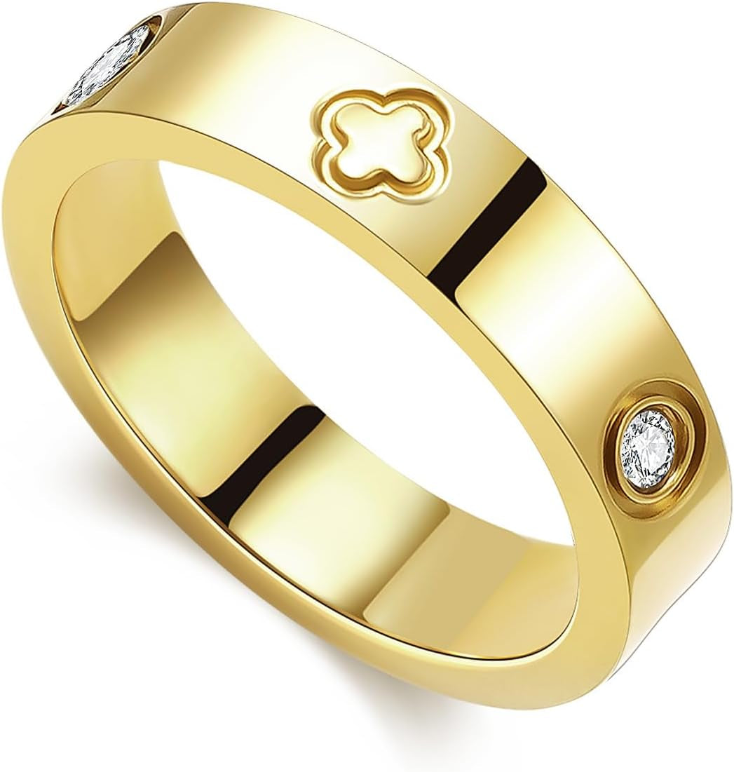 18K Gold Plated Wedding Rings for Women, Cubic Zirconia Clover Promise Ring, Stainless Steel Band Size 5-12, Elegant Jewelry Gifts