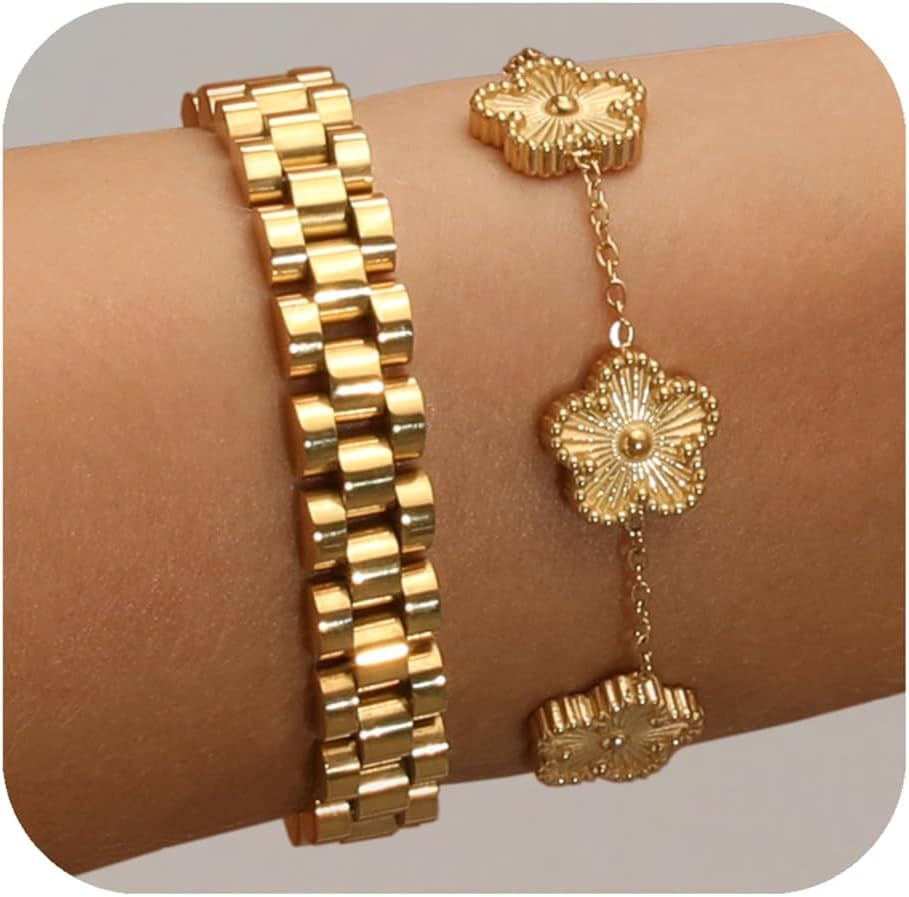 Stackable Four Leaf Clover Bracelets for Women, 18K Gold Plated Bangle Bracelets Set, 2 Pcs Charm Jewelry Gifts