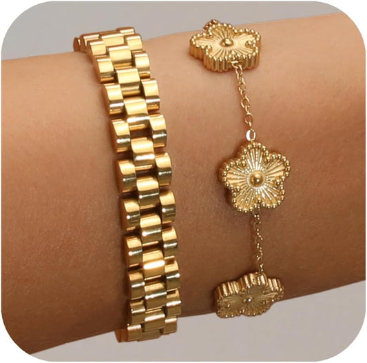 Stackable Four Leaf Clover Bracelets for Women, 18K Gold Plated Bangle Bracelets Set, 2 Pcs Charm Jewelry Gifts