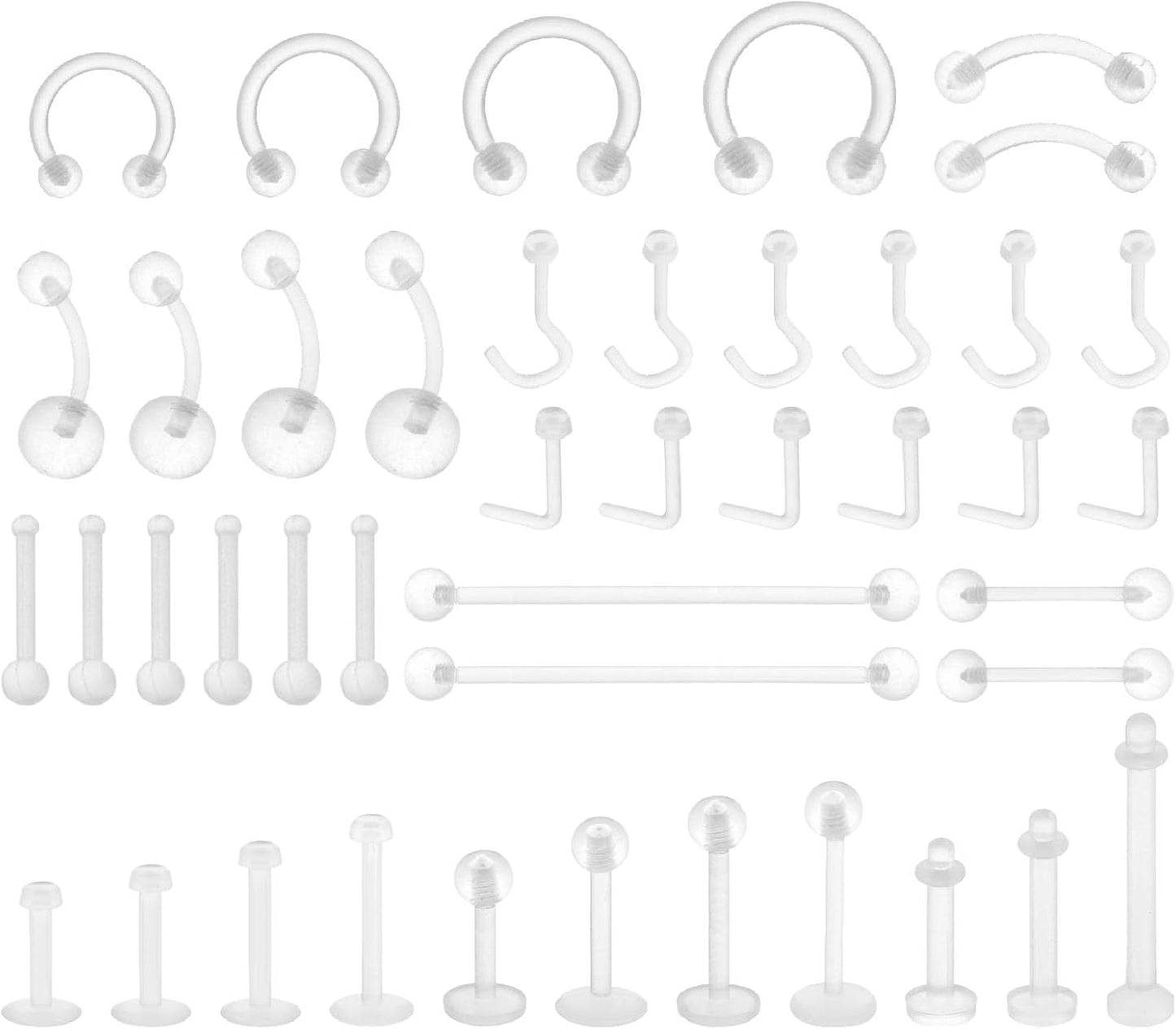 Lusofie 43Pcs Clear Piercing Retainer Set Acrylic Septum Ring Nose Studs Rings Cartilage Navel Tongue Barbells Lip Eyebrow Tragus Earring Clear Piercing Jewelry for Work Surgery