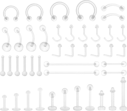 Lusofie 43Pcs Clear Piercing Retainer Set Acrylic Septum Ring Nose Studs Rings Cartilage Navel Tongue Barbells Lip Eyebrow Tragus Earring Clear Piercing Jewelry for Work Surgery