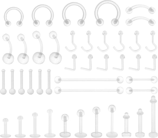 Lusofie 43Pcs Clear Piercing Retainer Set Acrylic Septum Ring Nose Studs Rings Cartilage Navel Tongue Barbells Lip Eyebrow Tragus Earring Clear Piercing Jewelry for Work Surgery
