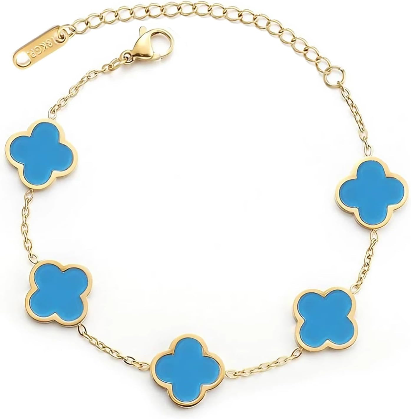 Double Sided 18K Gold Plated Clover Bracelet for Women, Dupe Four Leaf Flower Lucky Chain Bangle, Cute Jewelry Gift for Her Mom Wife