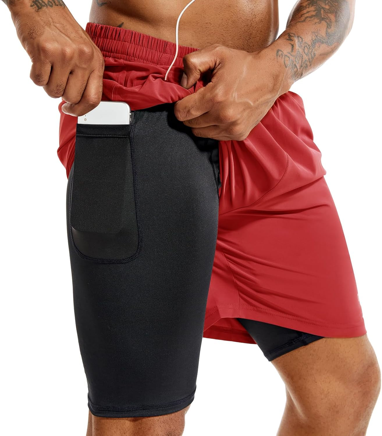 TENJOY Men'S 2 in 1 Running Shorts 5 in or 7 in Quick Dry Gym Athletic Workout Shorts for Men with Phone Pockets