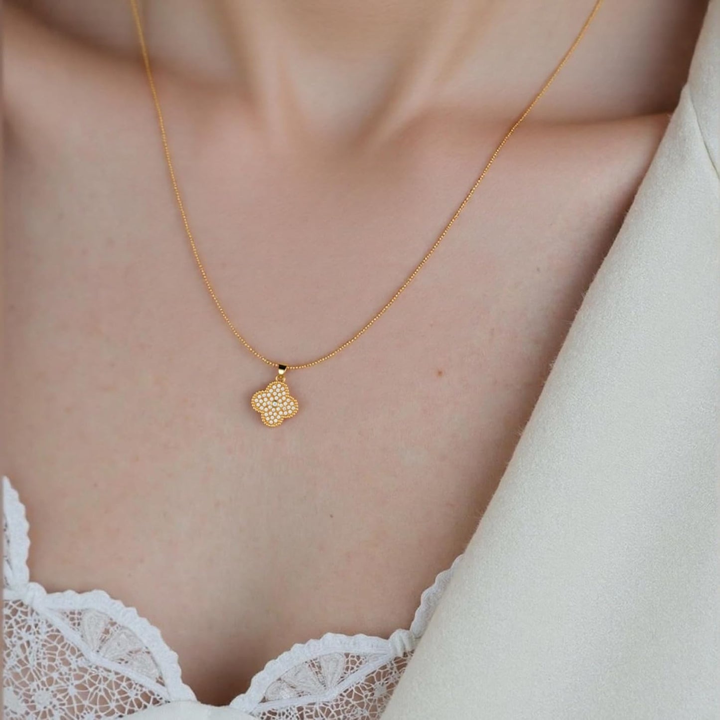 Diamond Four Leaf Clover Necklace for Women, 18K Gold Plated Adjustable Chain with Sparkling CZ Pendant, Elegant and Lucky Fashion Jewelry, Gifts for Women