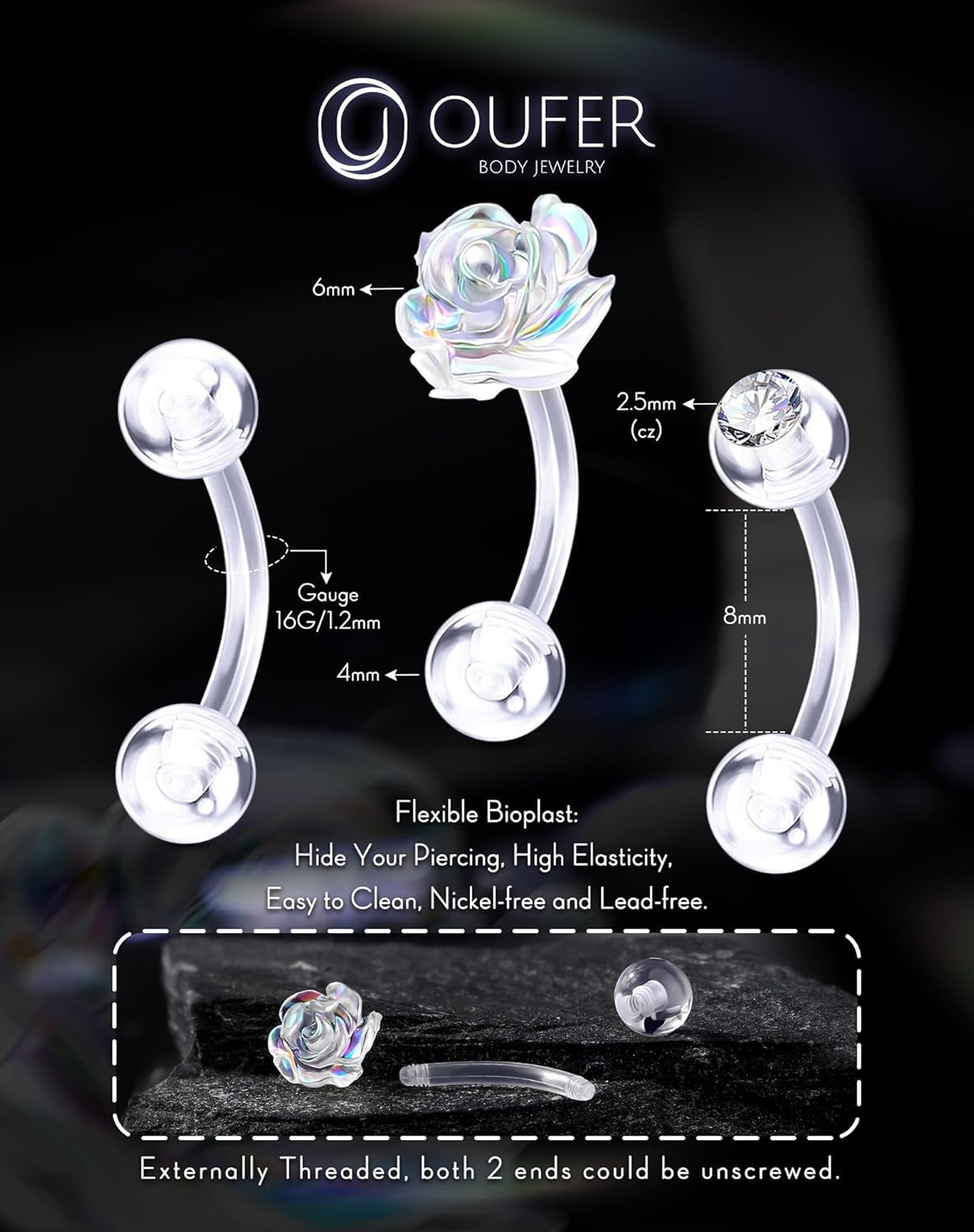 OUFER 3PCS Rook Piercing Jewelry, Plastic Piercings for Surgery, Clear Eyebrow Piercing Jewelry, 16G Eyebrow Rings, Clear Plastic Tragus Daith Rook Earrings for Work