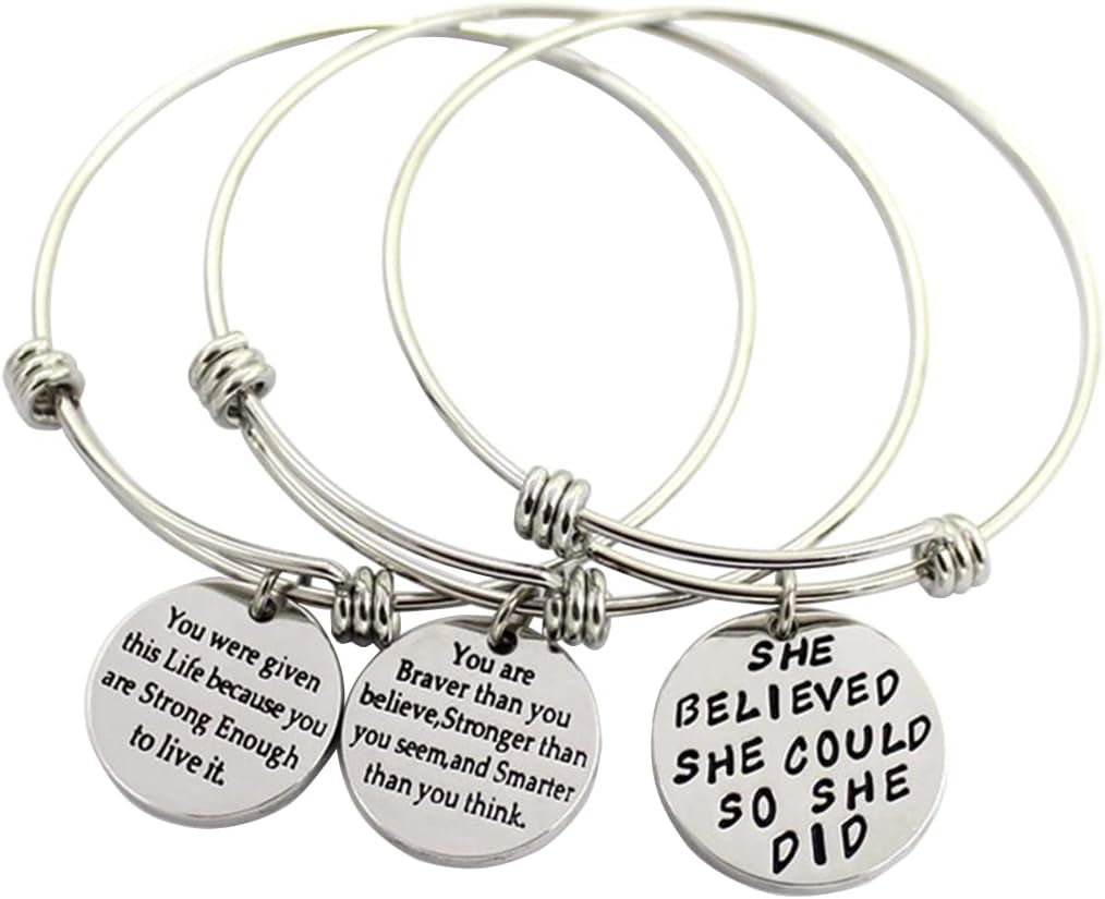 Inspirational word engraved charm bangle bracelets gift set