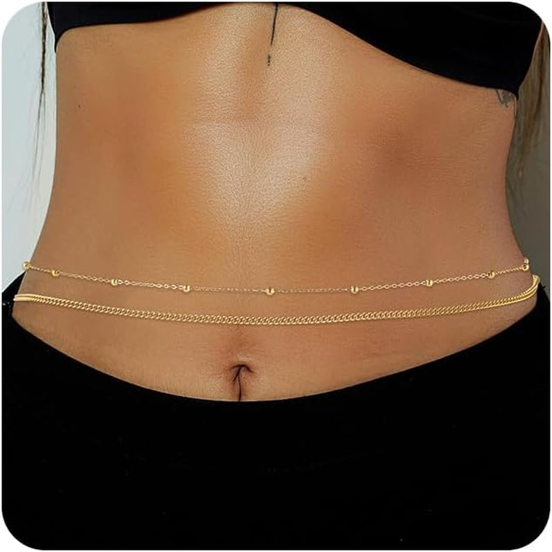 1PCS/2PCS Gold Waist Chain for Women - Adjustable Belly Chain Jewelry Accessories for Sexy Bikini, Waterproof Layered Summer Body Belt Chains for Beach, Party, 26.7"+9.8" Extender