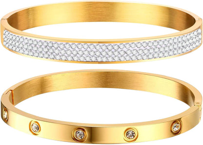 MPRAINBOW Gold Bracelets for Women, 2Pcs 18K Gold Plated Cubic Zirconia Bangle Crystal Friendship Bracelet Jewelry,Wedding Party Christmas Birthday Gifts for Her Girlfriend Sister Daughter