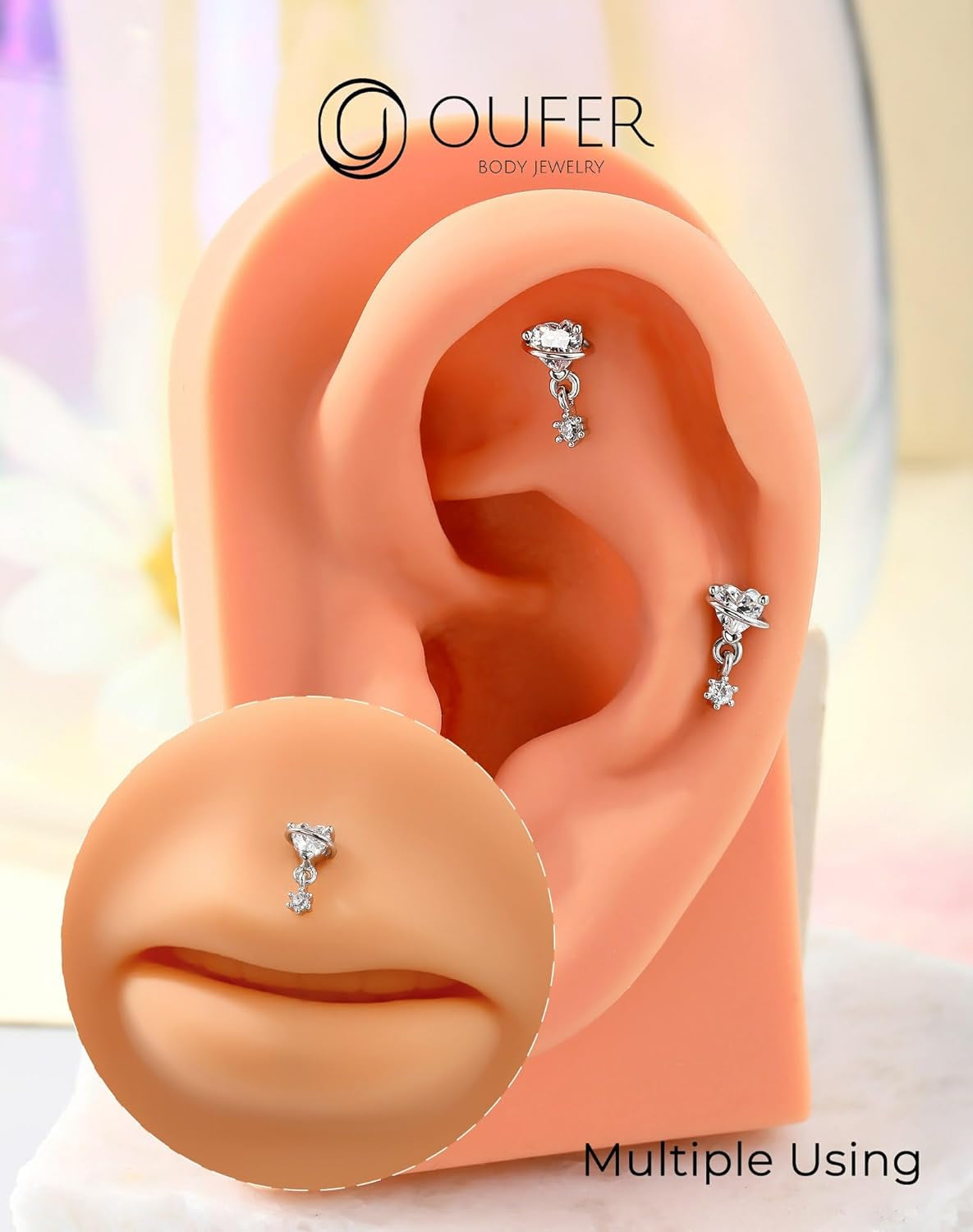 OUFER Heart Planet Helix Piercing Jewelry, 16G Internally Threaded Flat Back Piercings Silver Helix Cartilage Tragus Conch Piercing Jewelry for Women Men-6Mm