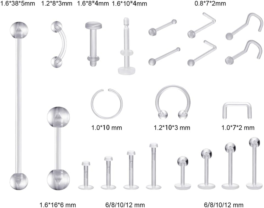 Clear Piercing Retainers - Flexible Nose, Septum Nipple Rings Plastic Body Jewelry Kit for Sports Bioflex Lip Eyebrow Belly Tongue Industrial Barbell