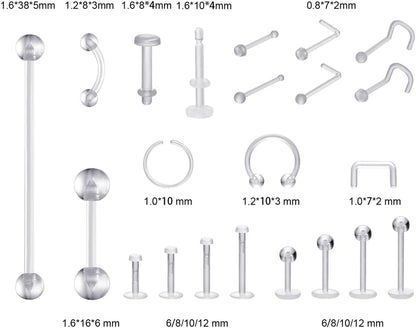 Clear Piercing Retainers - Flexible Nose, Septum Nipple Rings Plastic Body Jewelry Kit for Sports Bioflex Lip Eyebrow Belly Tongue Industrial Barbell