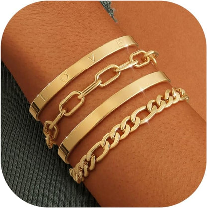 KOHOTA Chunky Gold Bracelets for Women Non Tarnish 14K Gold Plated Cuff Bracelet Stack Trendy Love Bangle Bracelets Stackable Tennis Bracelet Set Tie Knot Cuban Paperclip Figaro Chain Jewelry Gifts