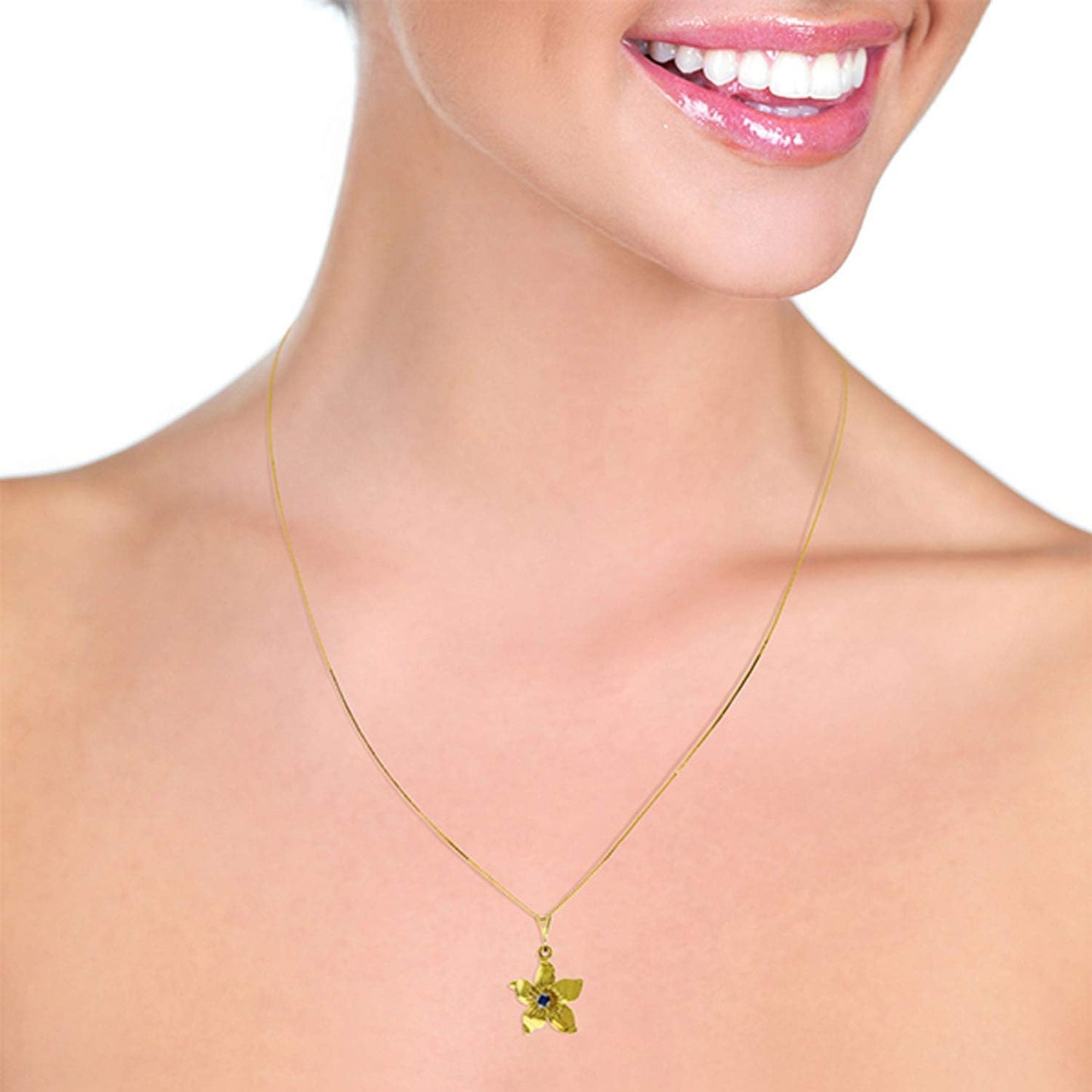 Galaxy Gold GG 14K Solid Gold 18" Necklace with Sapphire Flower Pendant