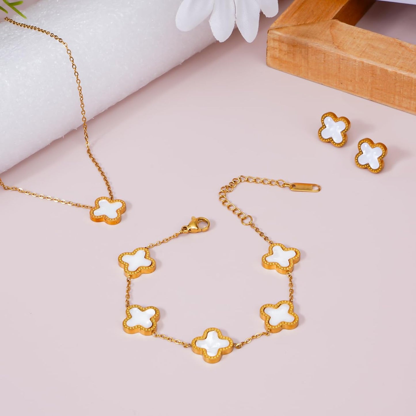 Gold Jewelry Set, Clover Bracelet Clover Necklace Clover Earrings for Women