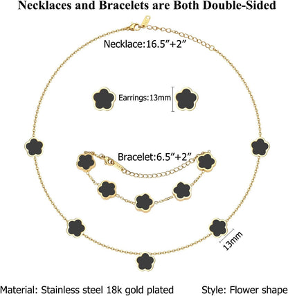 Double-Sided Clover Jewelry Set - 18K Gold Plated Flower Design Five Leaf Clover Bracelet Pendant Necklace and Stud Earrings for Women.Lucky Gifts for Mom Wife Daughter Friends