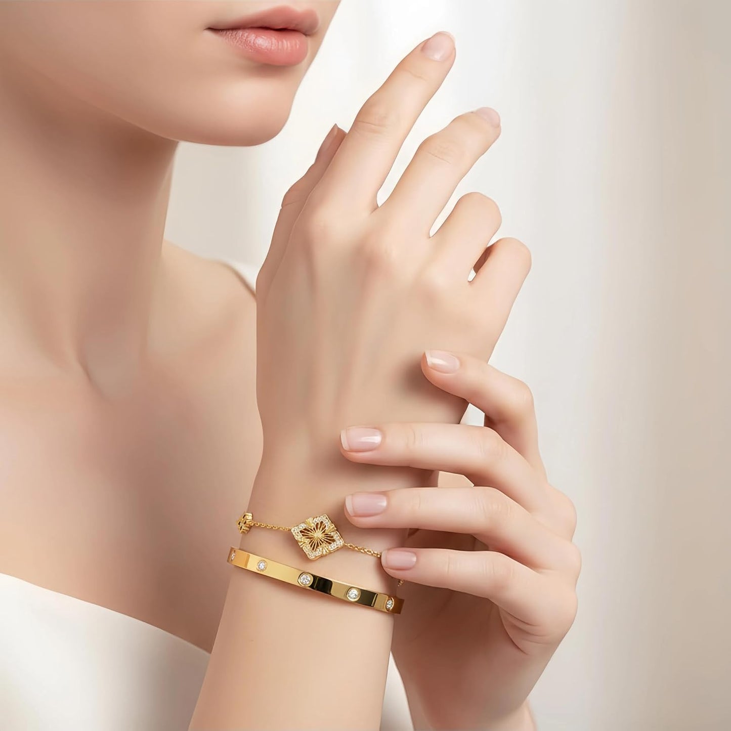 18K Gold Plated Clover Lucky Love Bangle Bracelet Set for Women, Non Tarnish Stacking Friendship Bracelet Set, Christmas Anniversary Birthday Gift