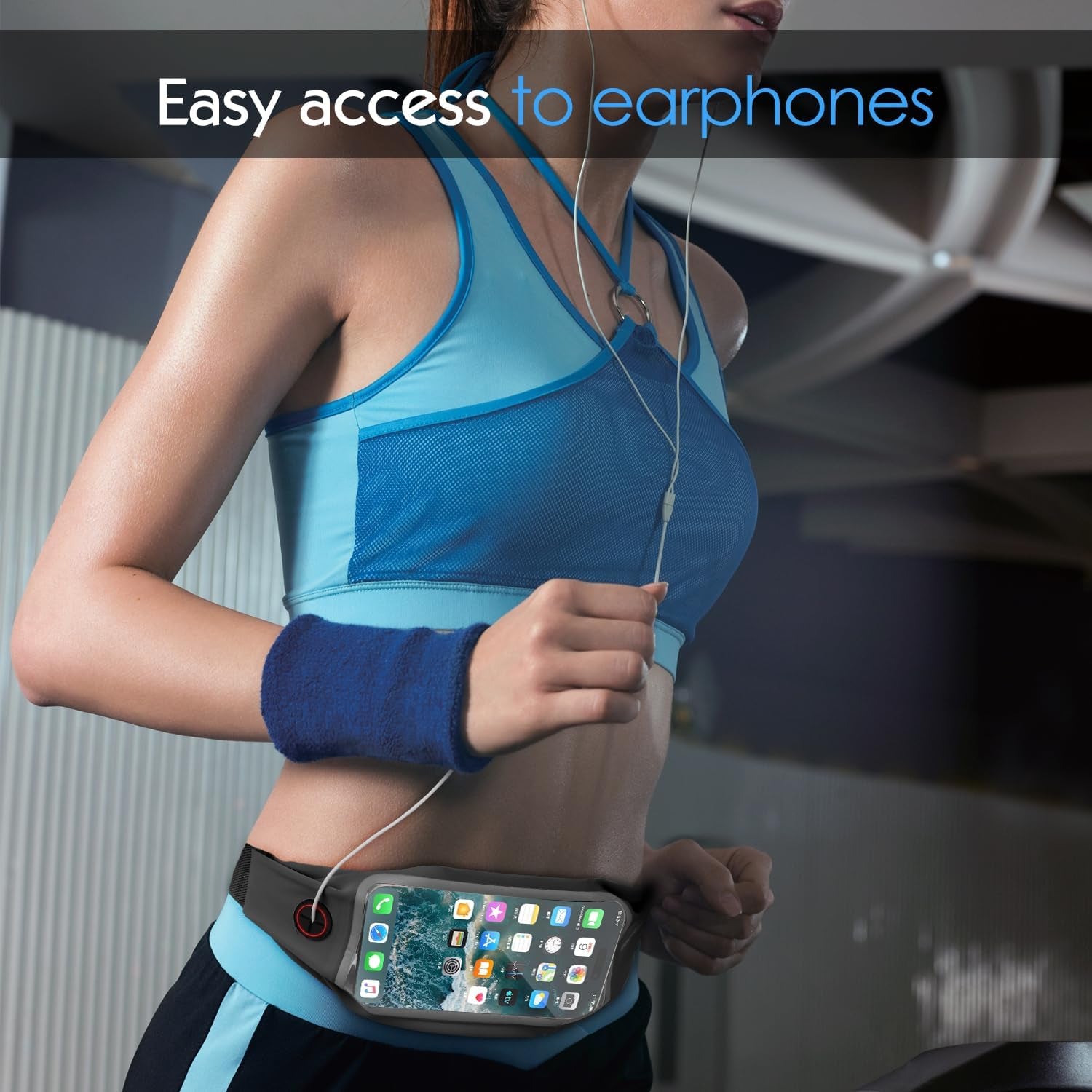 Man wearing waterproof gym belt bag with iPhone visible in front pocket