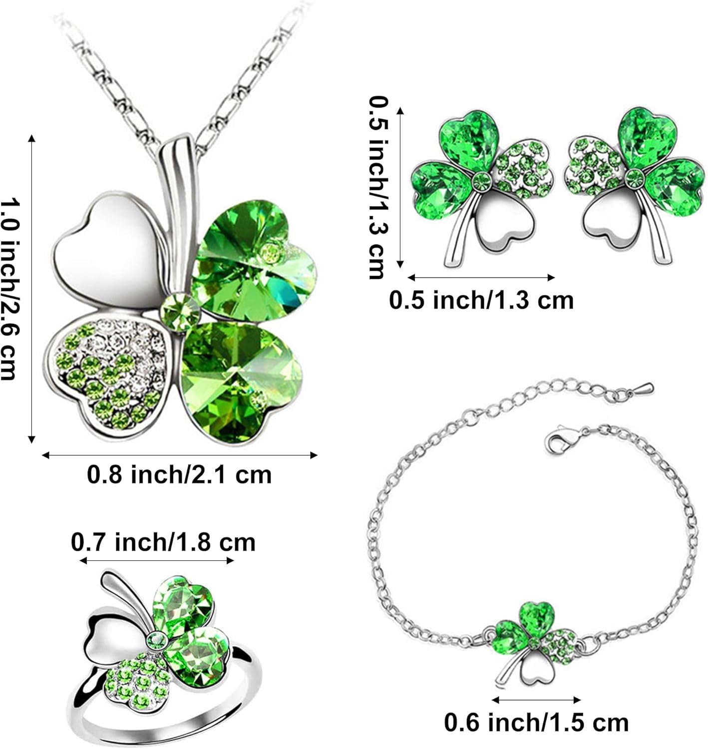Gyovinnjuwanua Four Leaf Clover Alloy Jewelry - 4Pcs Irish Saint St.Patrick'S Day Lucky Necklace Bracelet Earrings Ring Jewelry Gifts, Clover Silver Alloy Ornament & Plush Gift Pouch for Women